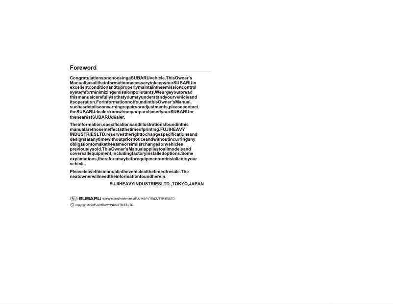 Image de la première page du manuel de l'appareil Impreza WRX (2009)