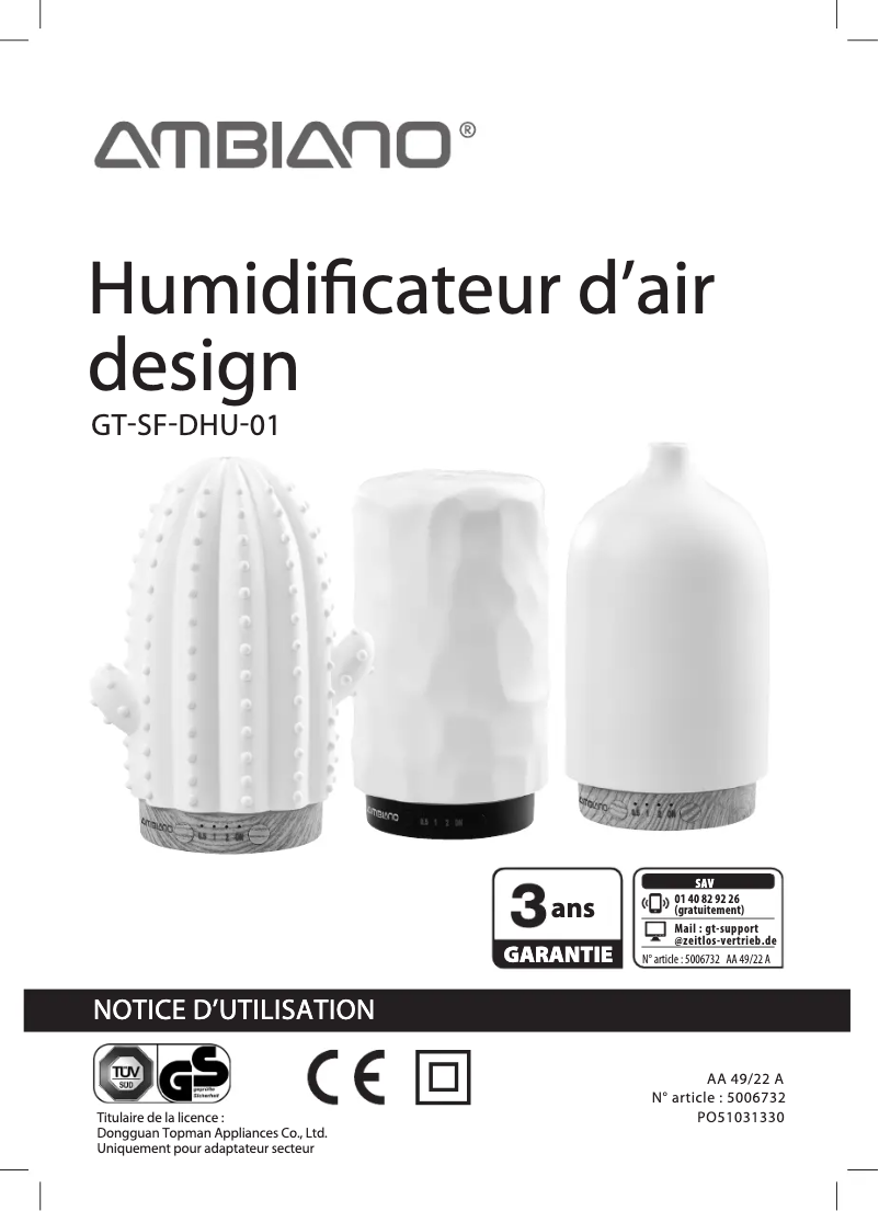 Image de la première page du manuel de l'appareil GT-SF-DHU-01