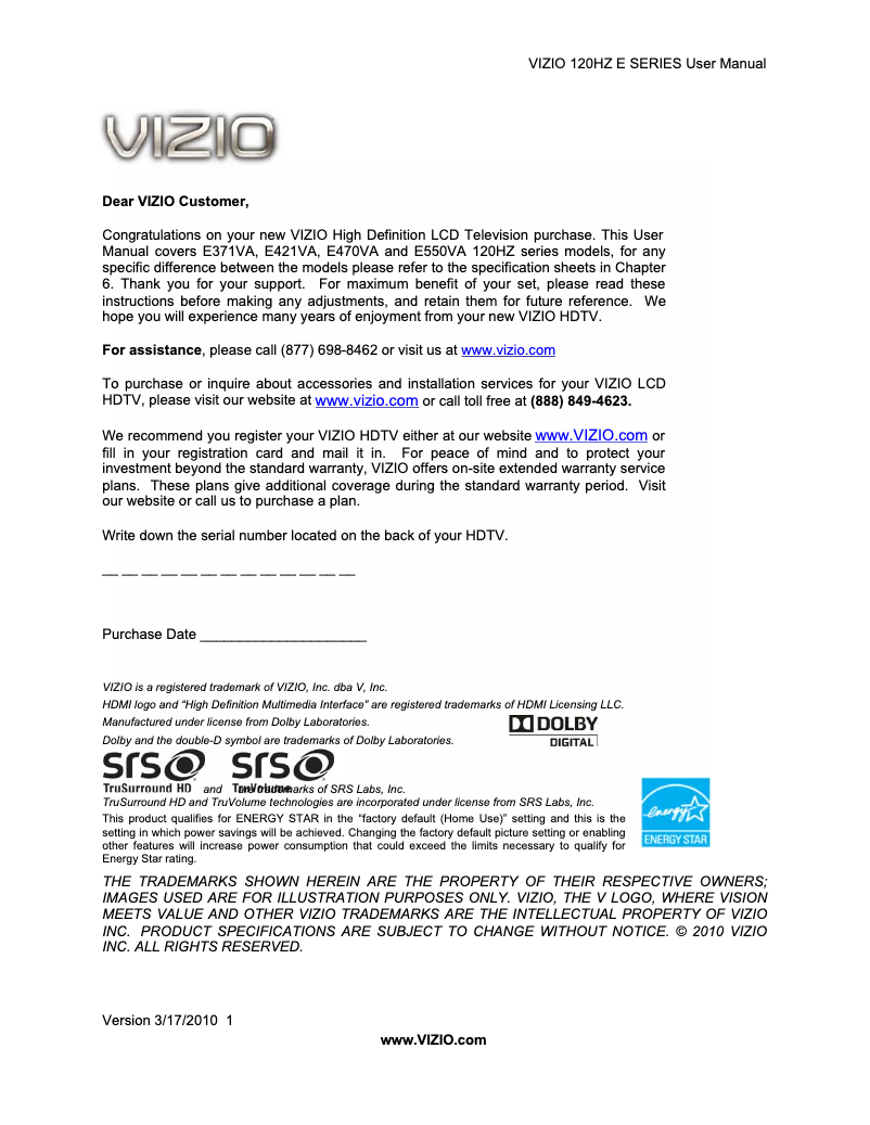 Page 1 de la notice Manuel utilisateur VIZIO E470VA
