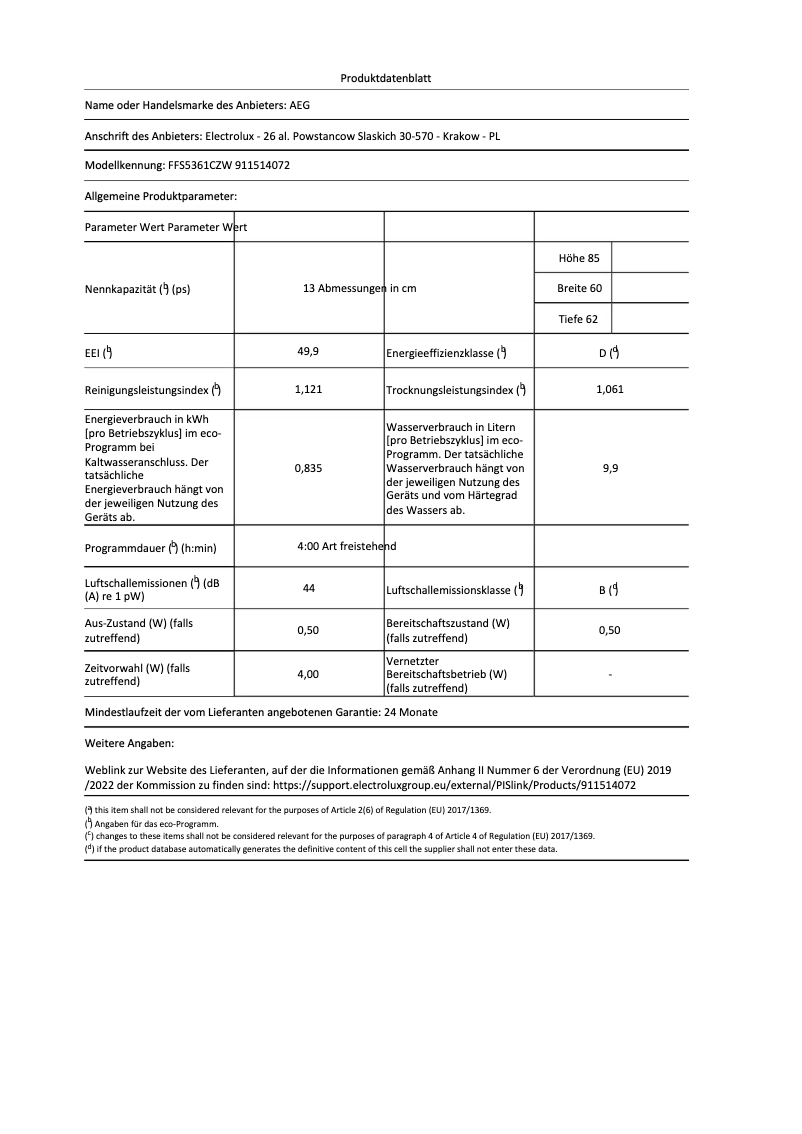 Page 1 de la notice Fiche technique AEG 6000 SatelliteClean FFS5361CZW