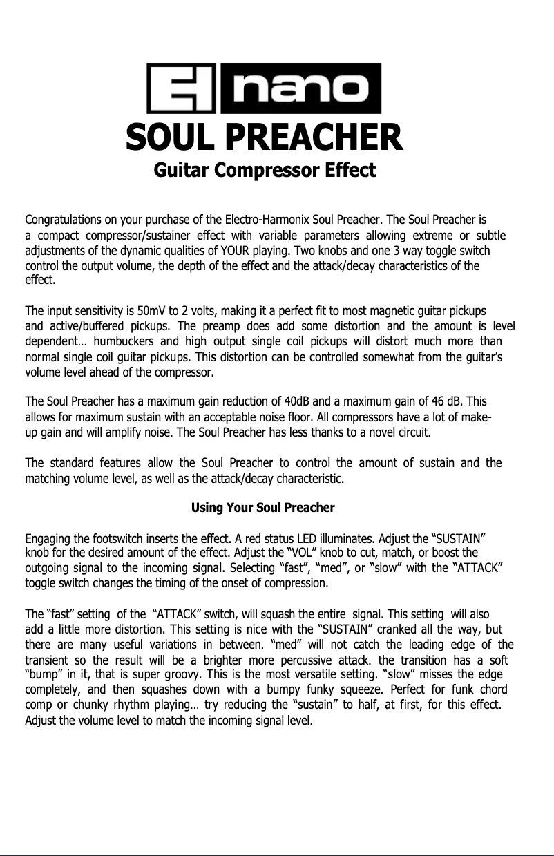 Page 1 de la notice Manuel utilisateur Electro Harmonix Soul Preacher