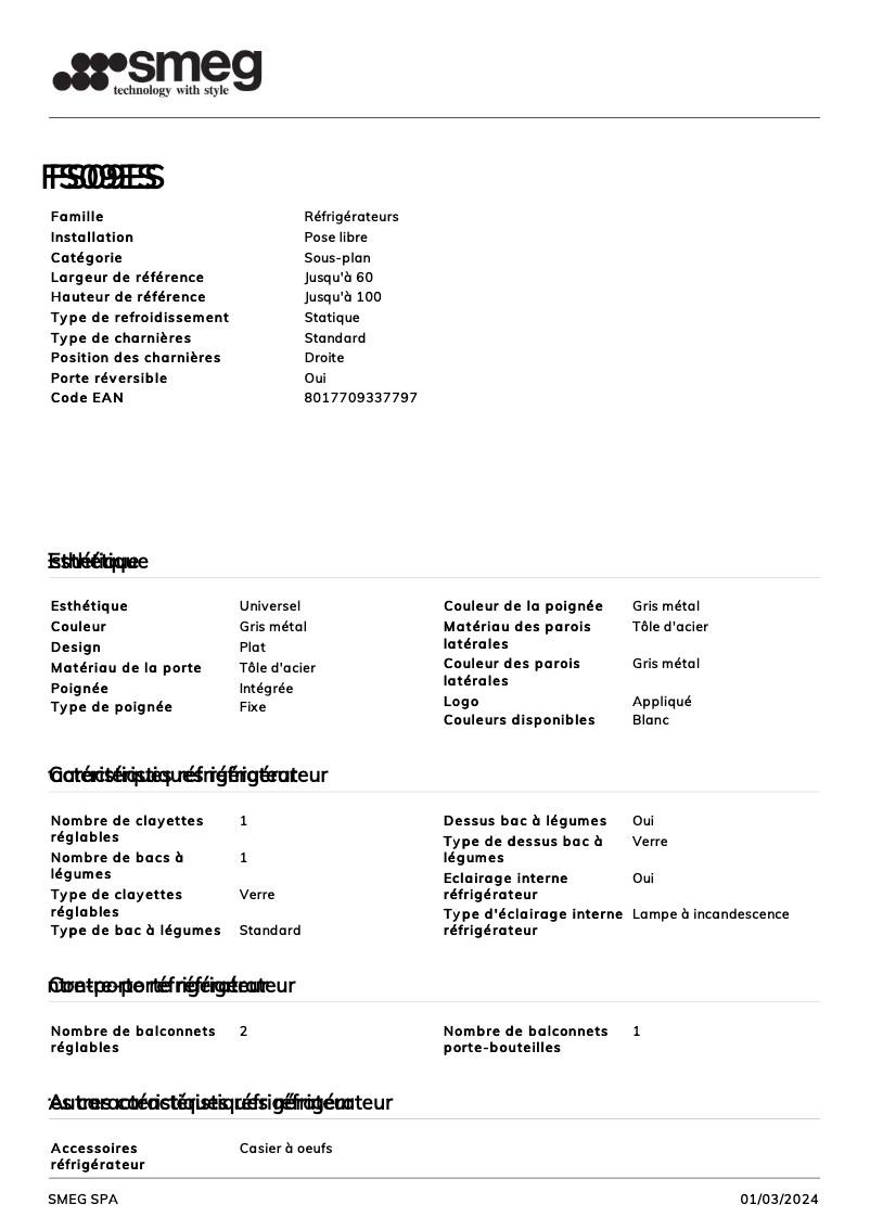 Page 1 de la notice Fiche technique Smeg FS09ES