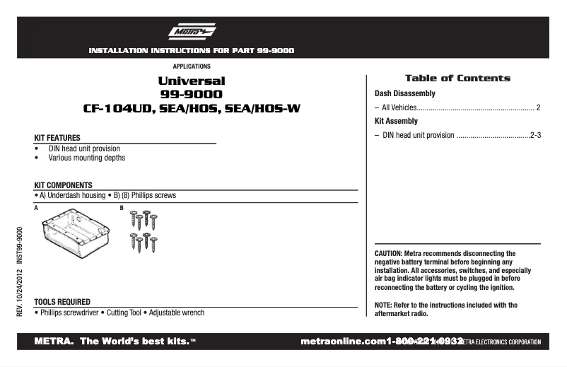 Page n°1 - Manuel utilisateur Metra 99-9000
