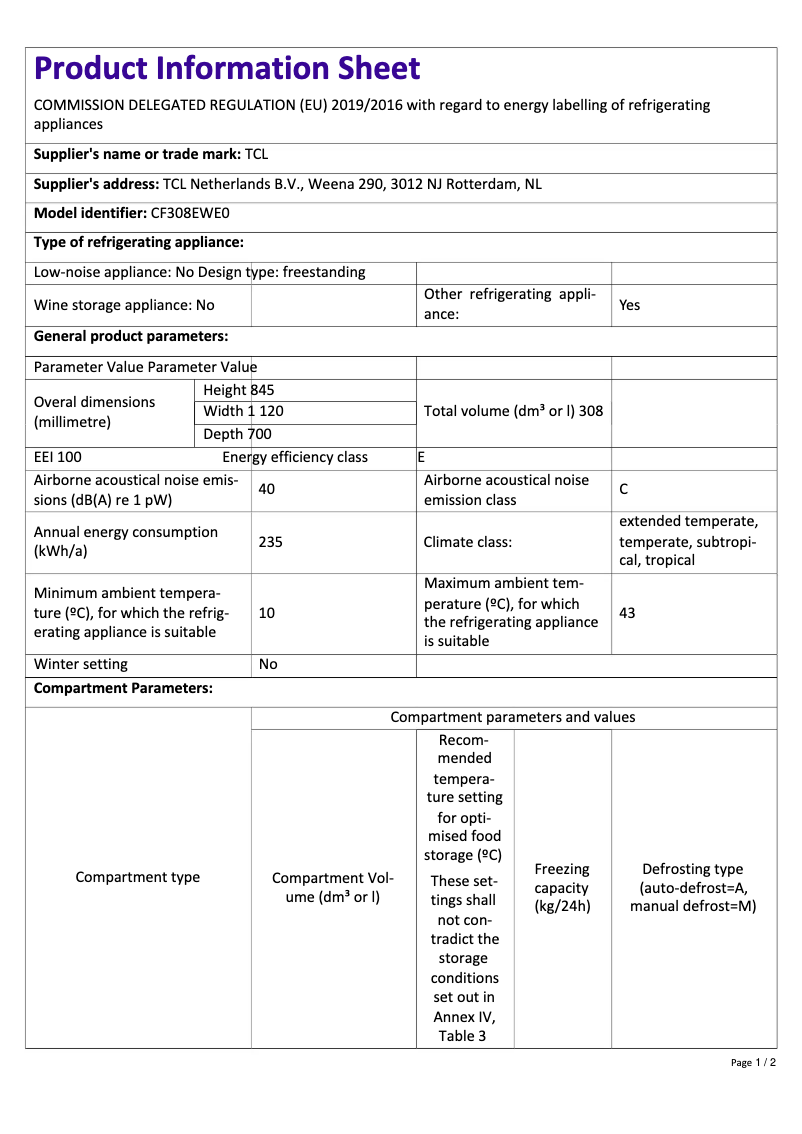Page n°1 - Fiche technique TCL CF308EWE0