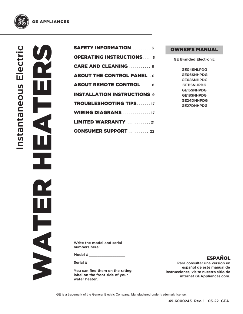Página 1 del manual Manual de uso y mantenimiento GE GE27DNHPDG