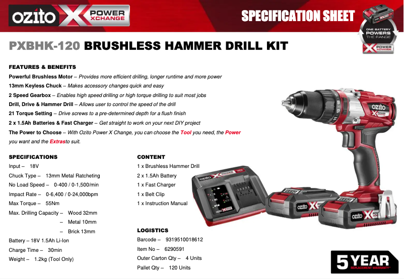 Page 1 de la notice Fiche technique Ozito PXBHK-120