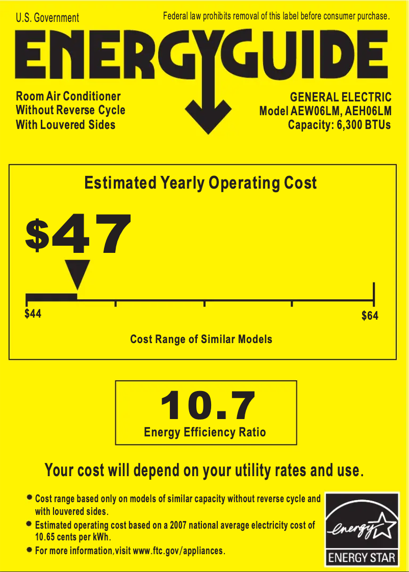 Page n°1 - Label énergétique GE AEW06LM
