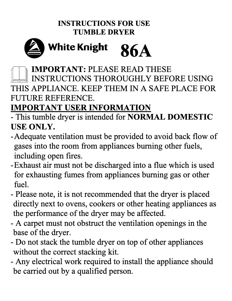 Page 1 de la notice Manuel utilisateur White Knight C86A7B-S-W