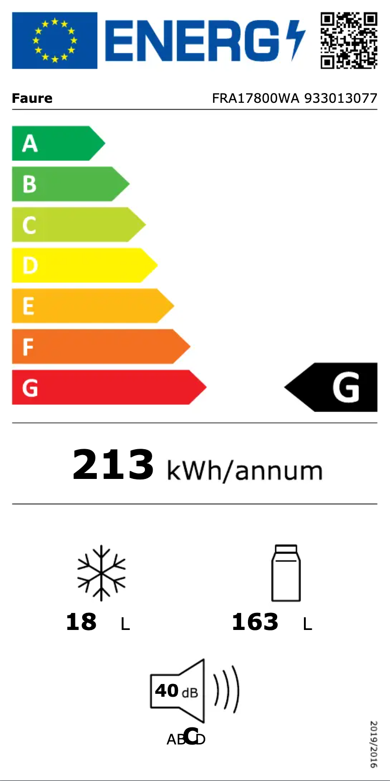 Page 1 de la notice Label énergétique Faure FRA17800WA