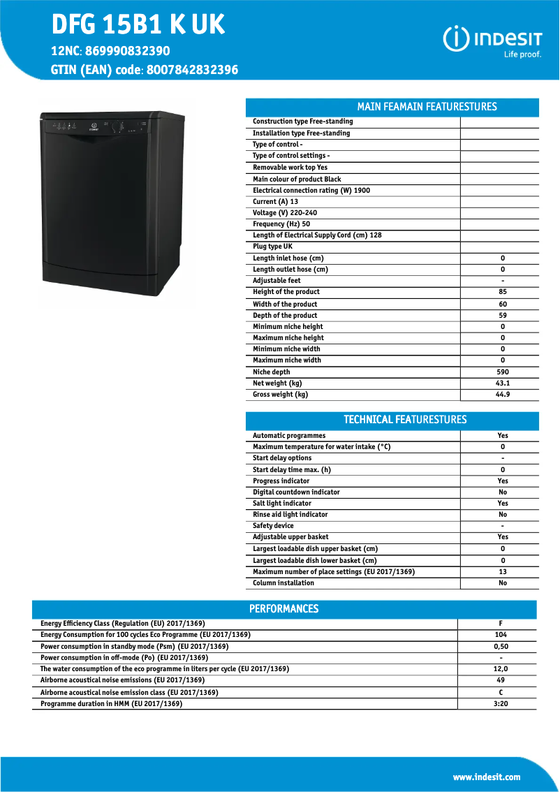 Page 1 de la notice Fiche technique Indesit DFG 15B1 K UK