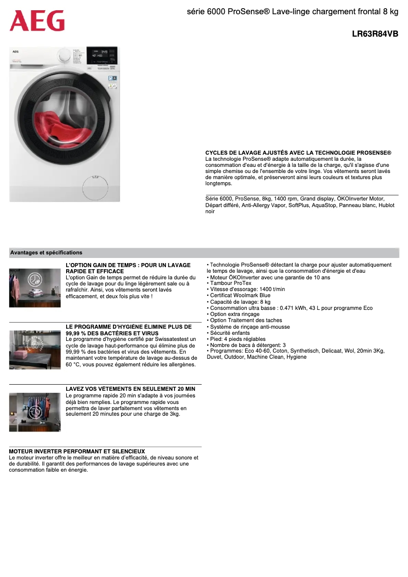 Page n°1 - Fiche technique AEG LR63R84VB