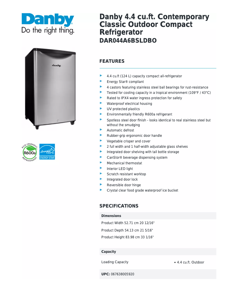 Página 1 del manual Ficha técnica Danby DAR044A6BSLDBO