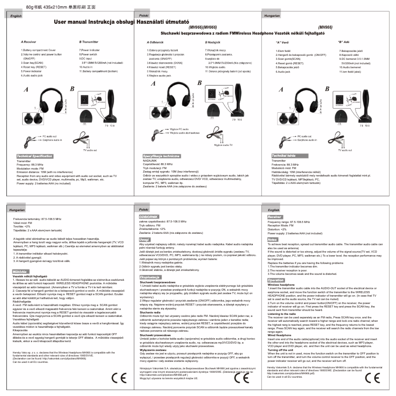 Page 1 de la notice Manuel utilisateur Vakoss MH966
