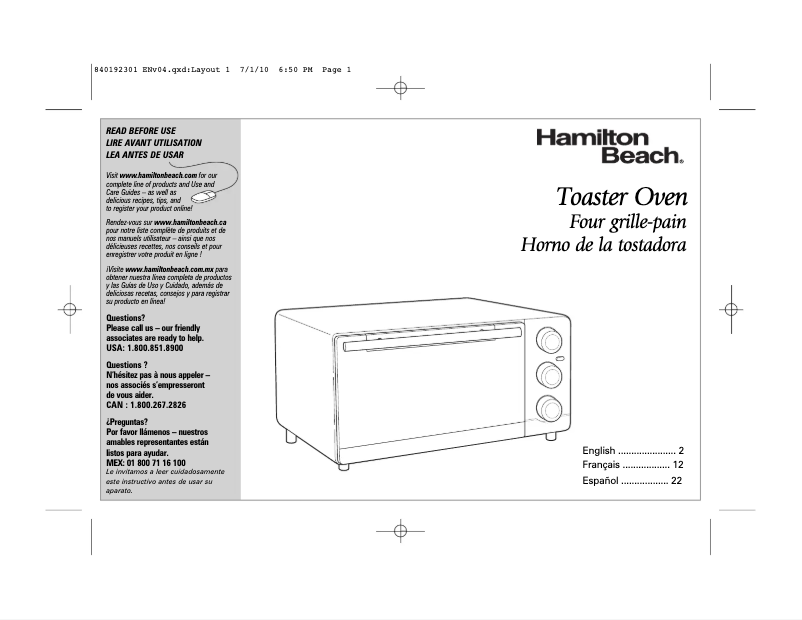 Page 1 de la notice Manuel utilisateur Hamilton Beach 31408