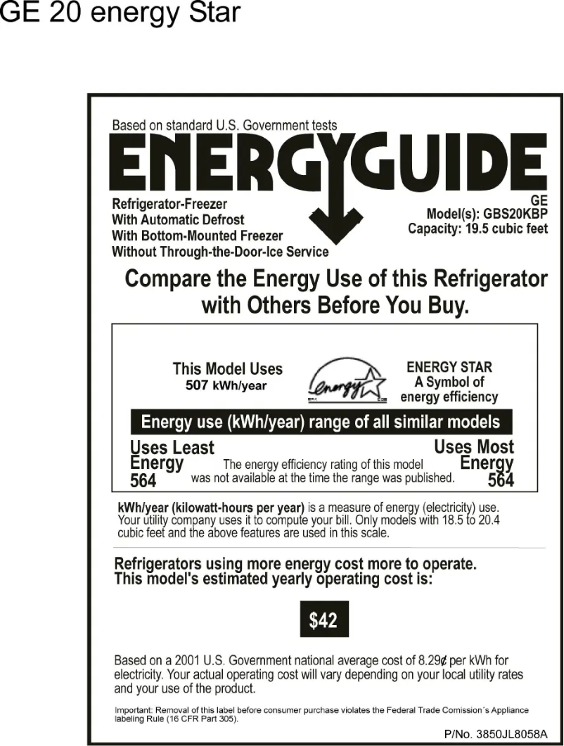 Page 1 de la notice Label énergétique GE GBS20KBPBB