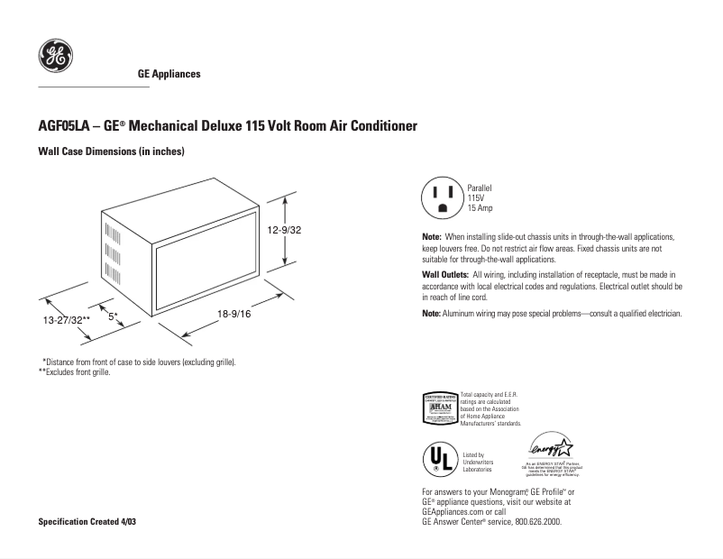Page 1 de la notice Fiche technique GE AGF05LA