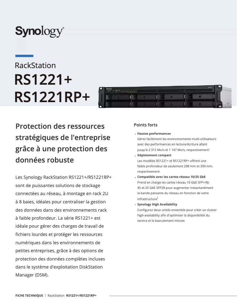 Page 1 de la notice Fiche technique Synology RackStation RS1221+