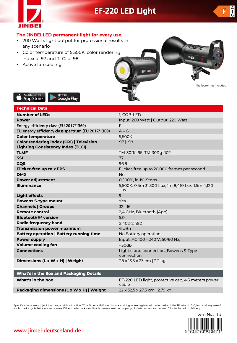 Page 1 de la notice Fiche technique Jinbei EF-220 LED