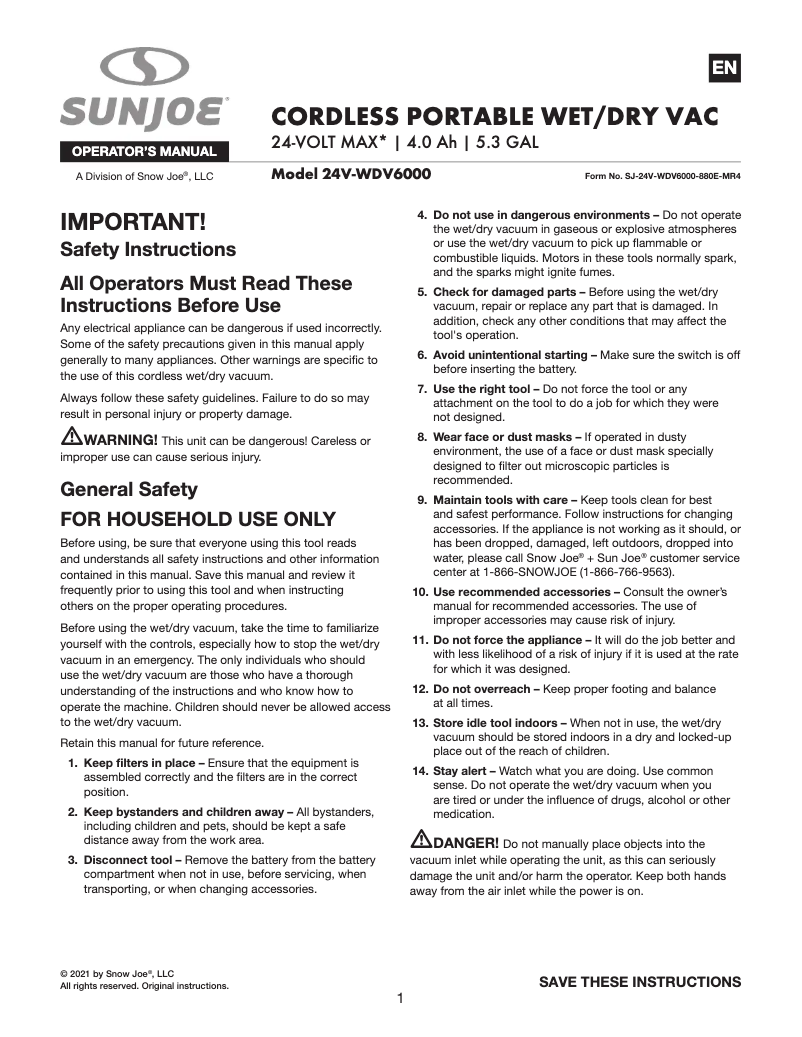 Page 1 de la notice Manuel utilisateur Sun Joe 24V-WDV6000-CT