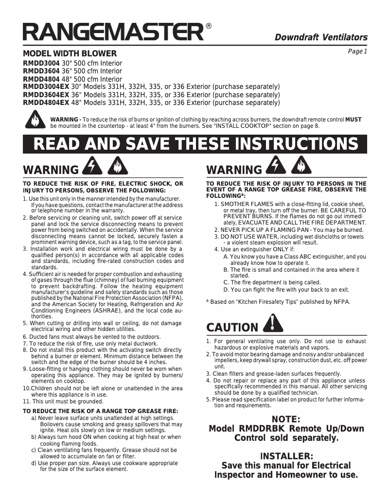 Page 1 de la notice Guide d'installation Broan RMDD3004EX
