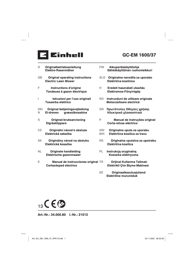 Page 1 de la notice Manuel utilisateur Einhell GC-EM 1600/37