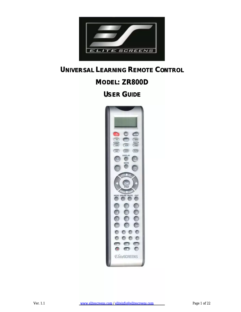 Page n°1 - Manuel utilisateur Elite Screens ZR800D