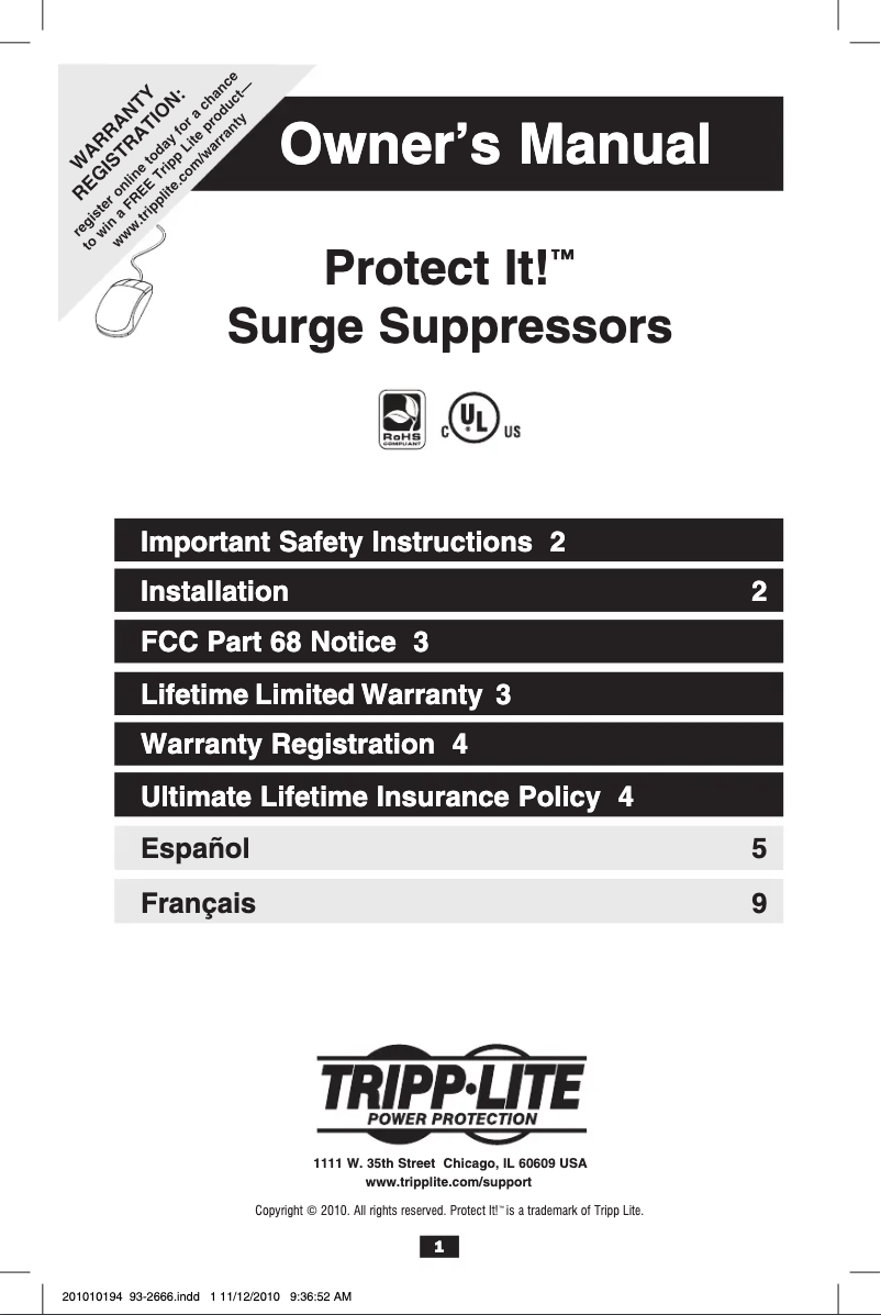 Page 1 de la notice Manuel utilisateur Tripp Lite Protect It! TLP1208TEL
