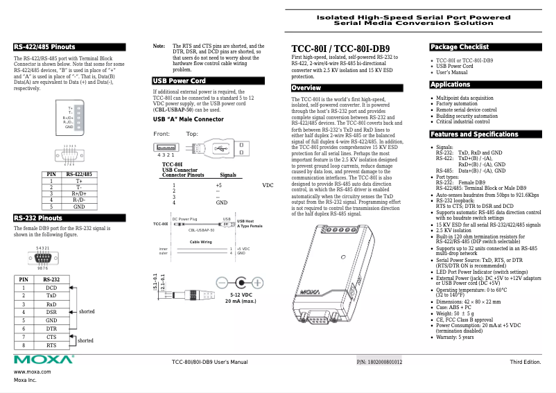 Page n°1 - Manuel utilisateur Moxa TCC-80I-DB9-RP