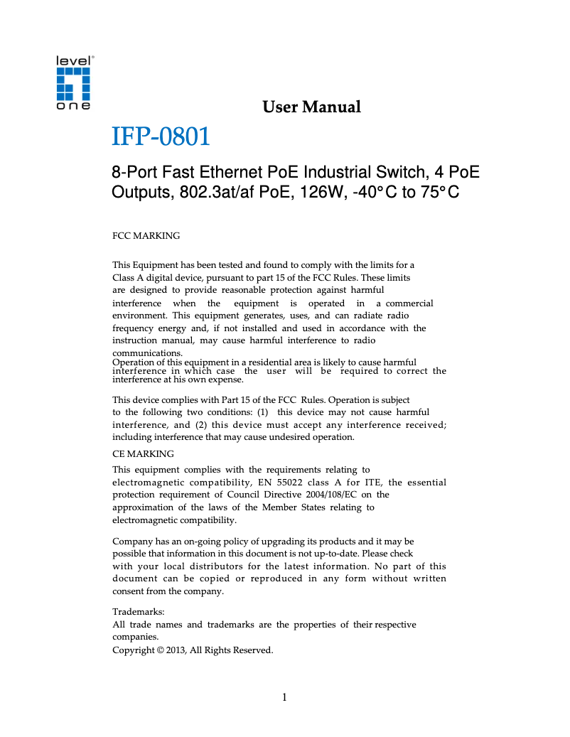 Page 1 de la notice Fiche technique LevelOne IFP-0801