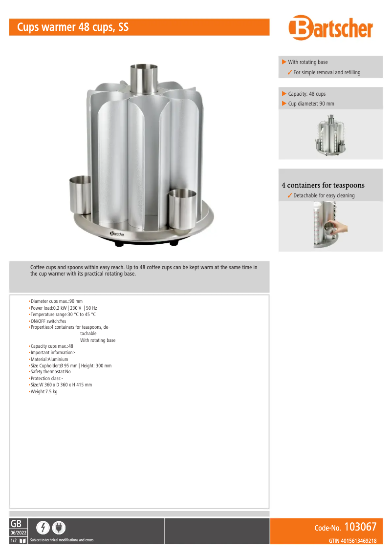 Page 1 de la notice Fiche technique Bartscher 103067