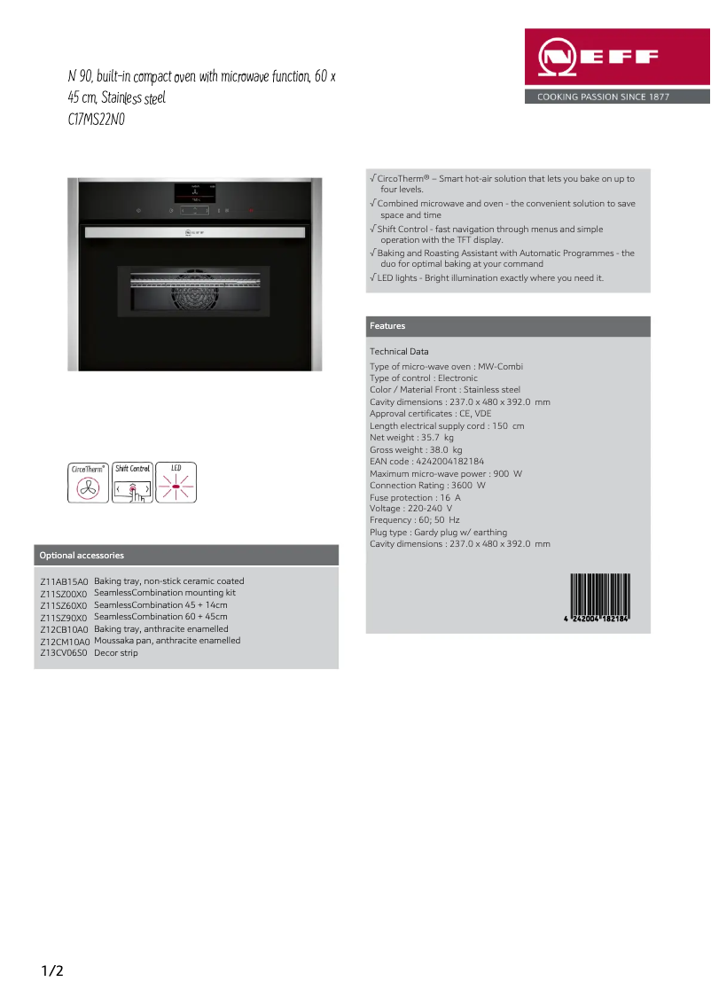 Page 1 de la notice Fiche technique Neff C17MS22N0