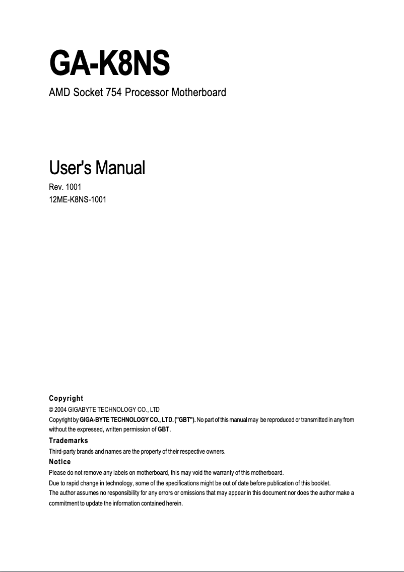 Page n°1 - Manuel utilisateur Gigabyte GA-K8NS
