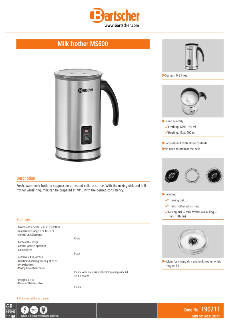 Page 1 de la notice Fiche technique Bartscher MS600