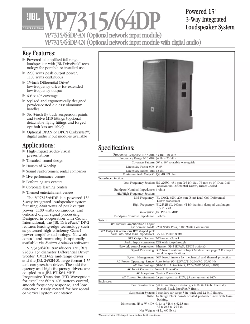 Page 1 de la notice Fiche technique JBL VP7315/64DP