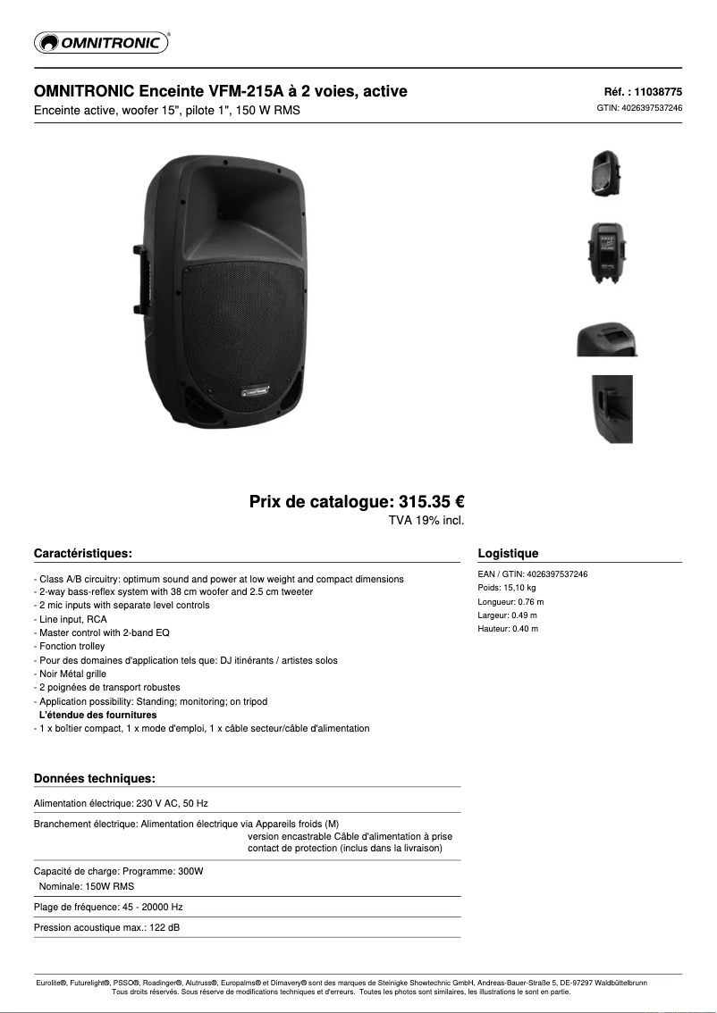 Page 1 de la notice Fiche technique Omnitronic VFM-215A