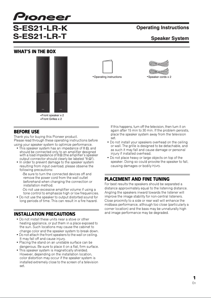 Page n°1 - Manuel utilisateur Pioneer S-ES21-LR-K