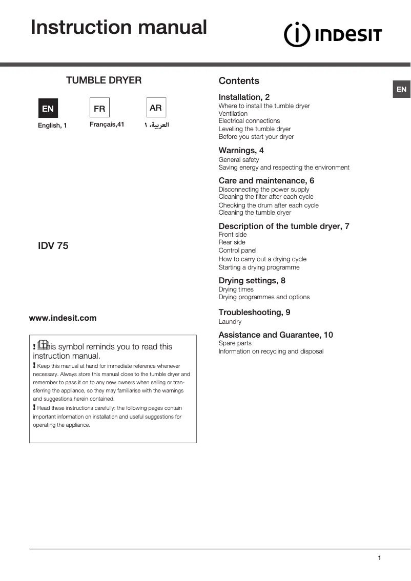 Image de la première page du manuel de l'appareil IDV 75 (KW)