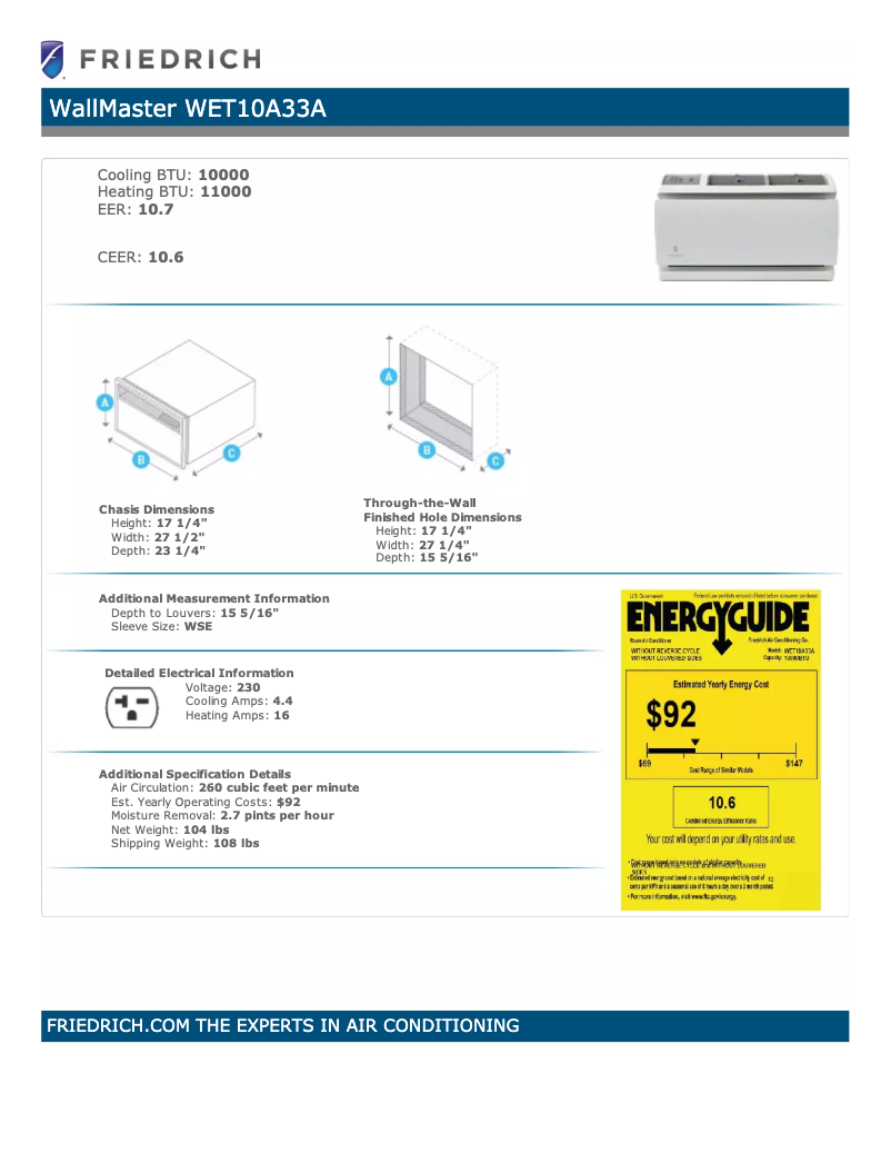 Page n°1 - Fiche technique Friedrich WallMaster WET10A33A