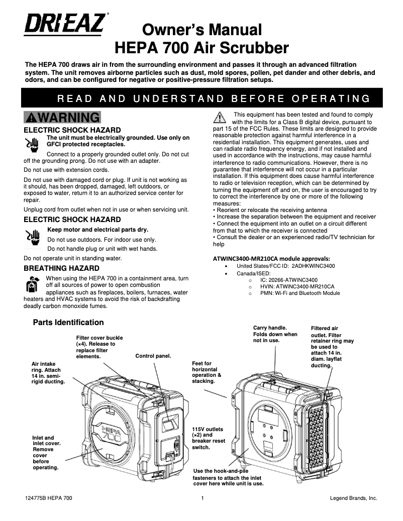 Page 1 de la notice Manuel utilisateur Dri Eaz HEPA 700
