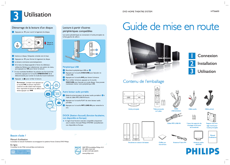 Page 1 de la notice Guide de démarrage rapide Philips HTS6600