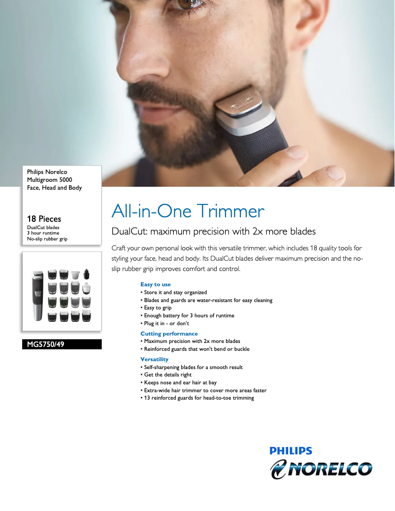 Page 1 de la notice Fiche technique Philips Norelco Multigroom 5000 MG5750