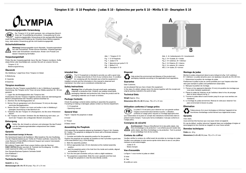 Page 1 de la notice Manuel utilisateur Olympia S 10