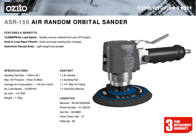 Page 1 de la notice Fiche technique Ozito ASR-150