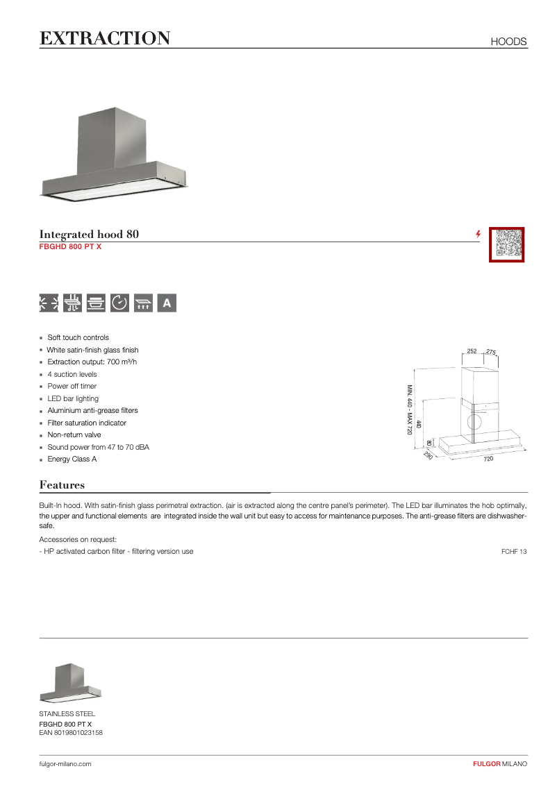Page 1 of the manual Technical Sheet Fulgor Milano FBGHD 800 PT X