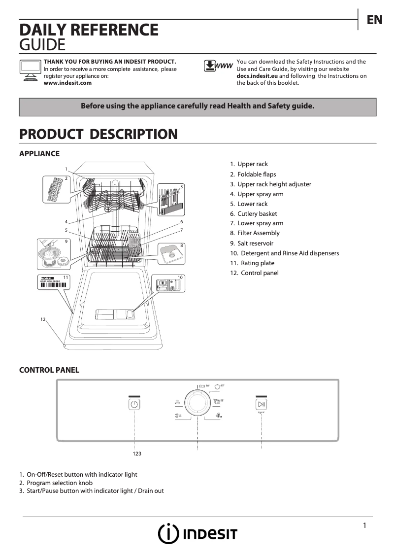 Page 1 de la notice Manuel utilisateur Indesit DSFE 1B19 C UK
