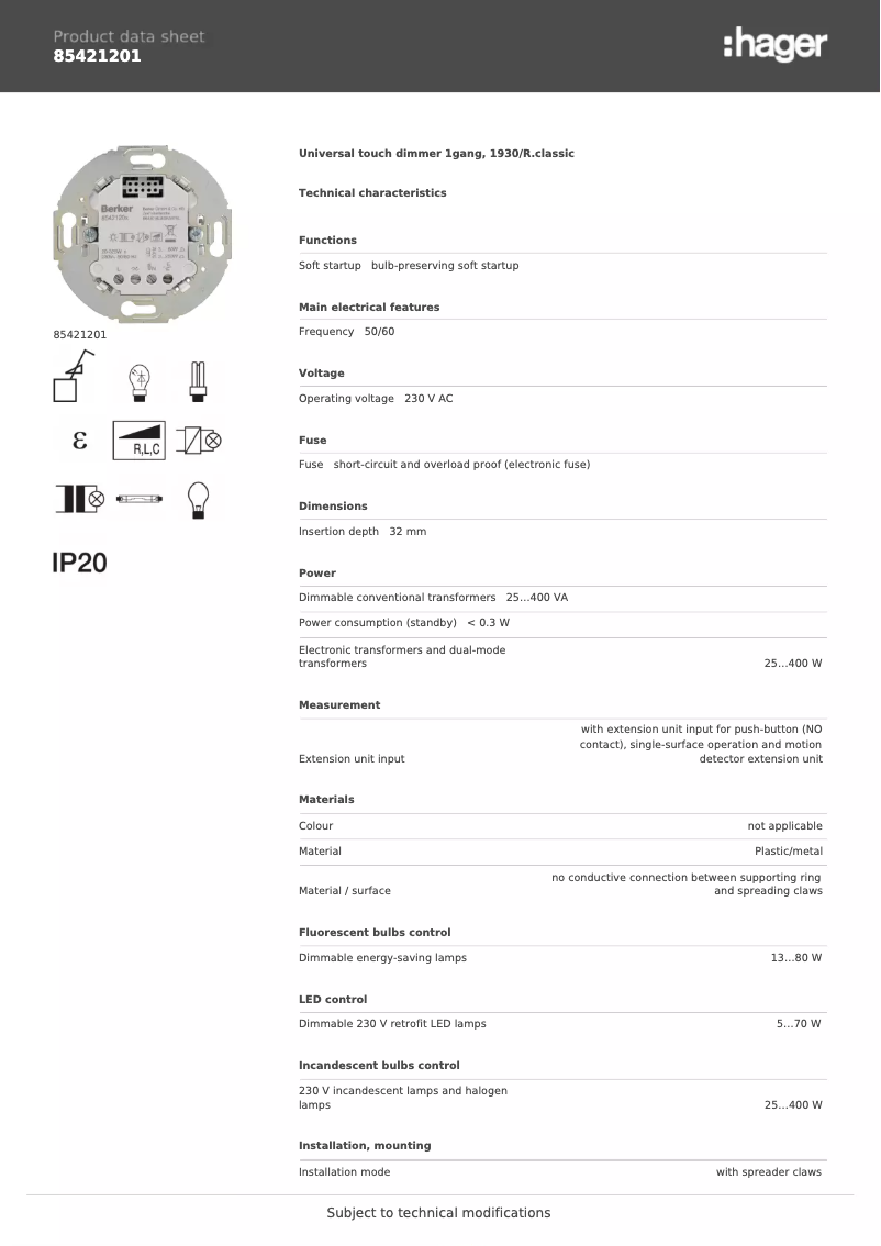 Page n°1 - Fiche technique Hager 85421201