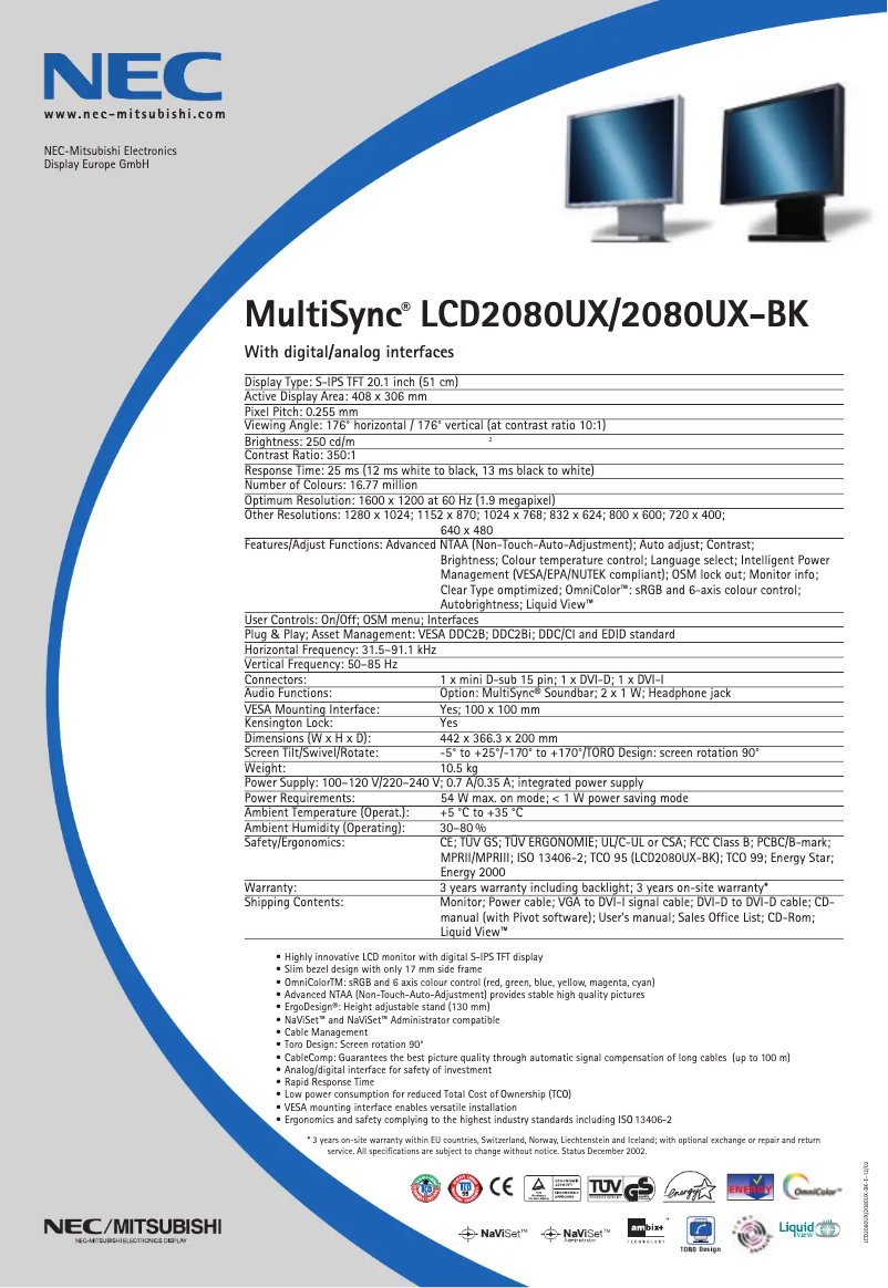 Page 1 de la notice Fiche technique NEC MultiSync LCD2080UXBK