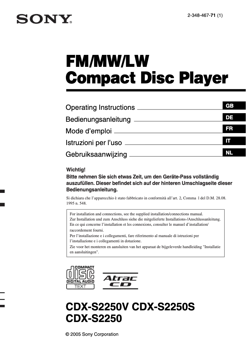 Page 1 de la notice Manuel utilisateur Sony CDX-S2250V