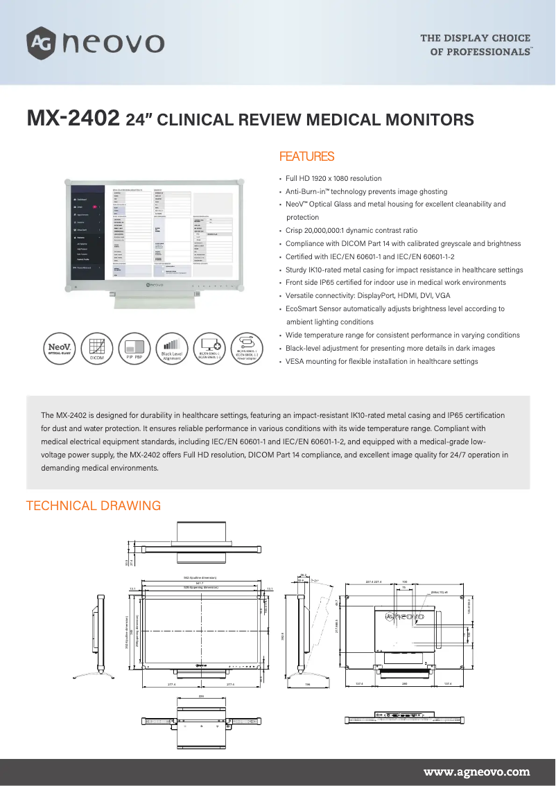 Page 1 de la notice Fiche technique AG Neovo MX-2402