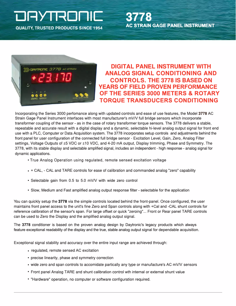 Page 1 de la notice Fiche technique Daytronic 3778DC